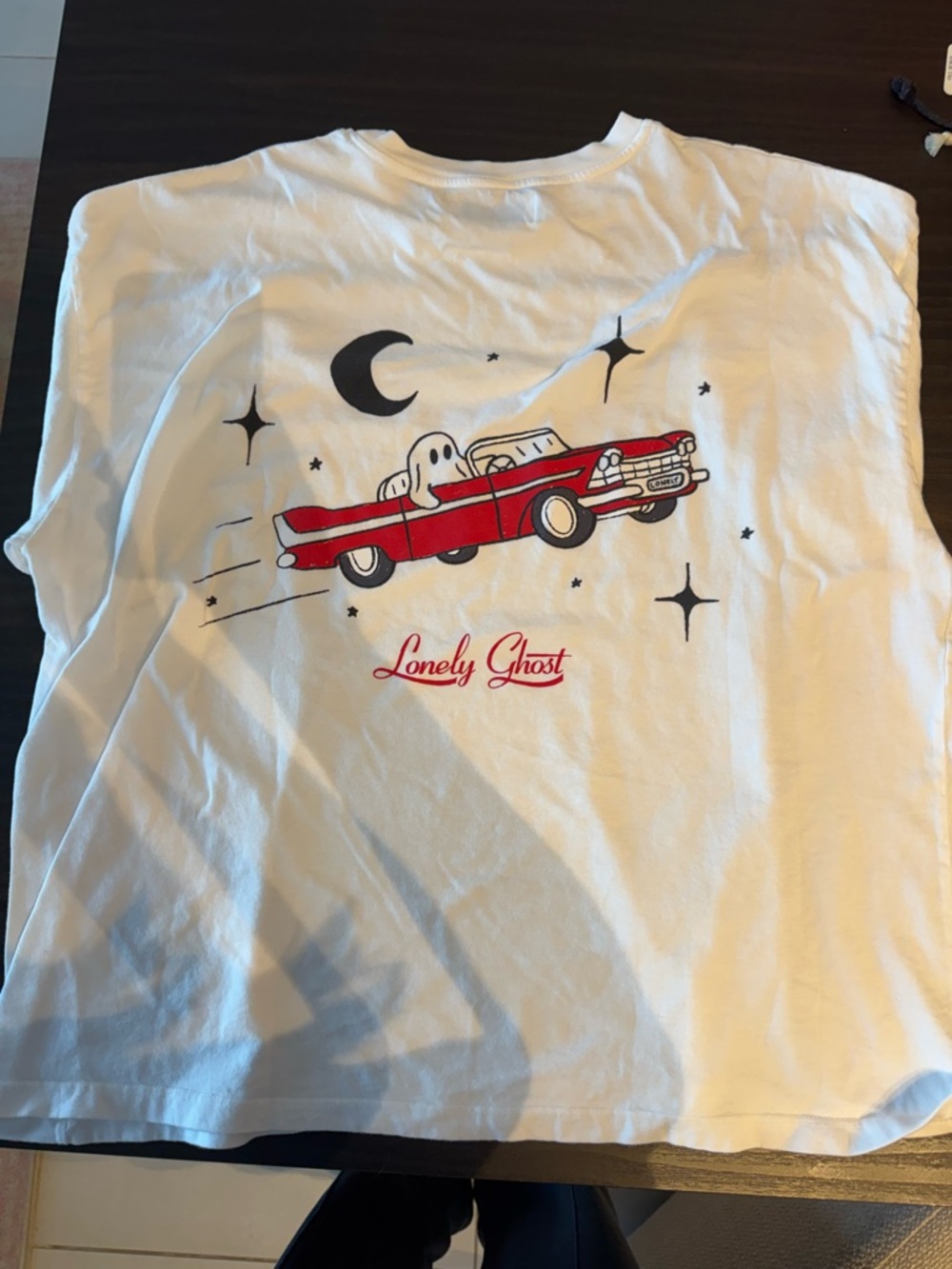 LONELY GHOST White Tee with Red Convertible Ghost Graphic